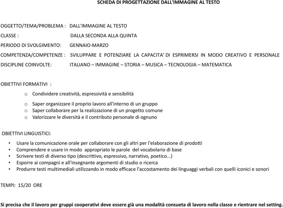 creatività, espressività e sensibilità Saper organizzare il proprio lavoro all'interno di un gruppo Saper collaborare per la realizzazione di un progetto comune Valorizzare le diversità e il