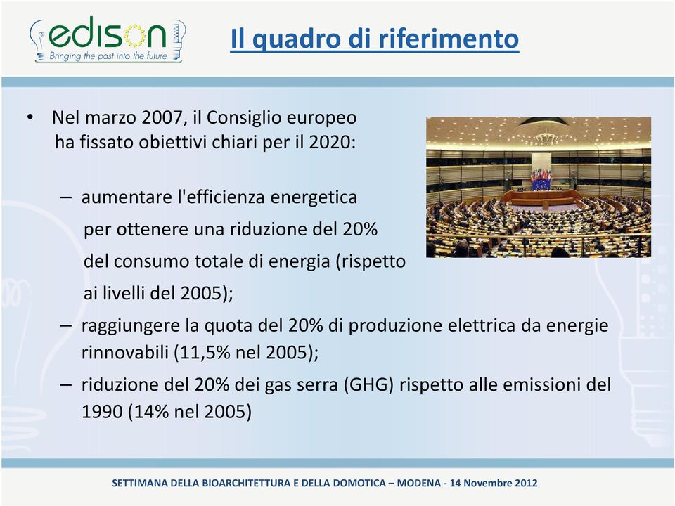 (rispetto ai livelli del 2005); raggiungere la quota del 20% di produzione elettrica da energie
