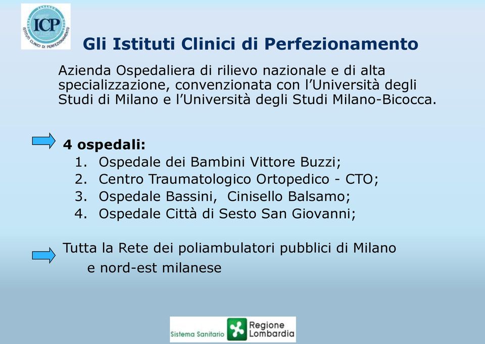 Ospedale dei Bambini Vittore Buzzi; 2. Centro Traumatologico Ortopedico - CTO; 3.