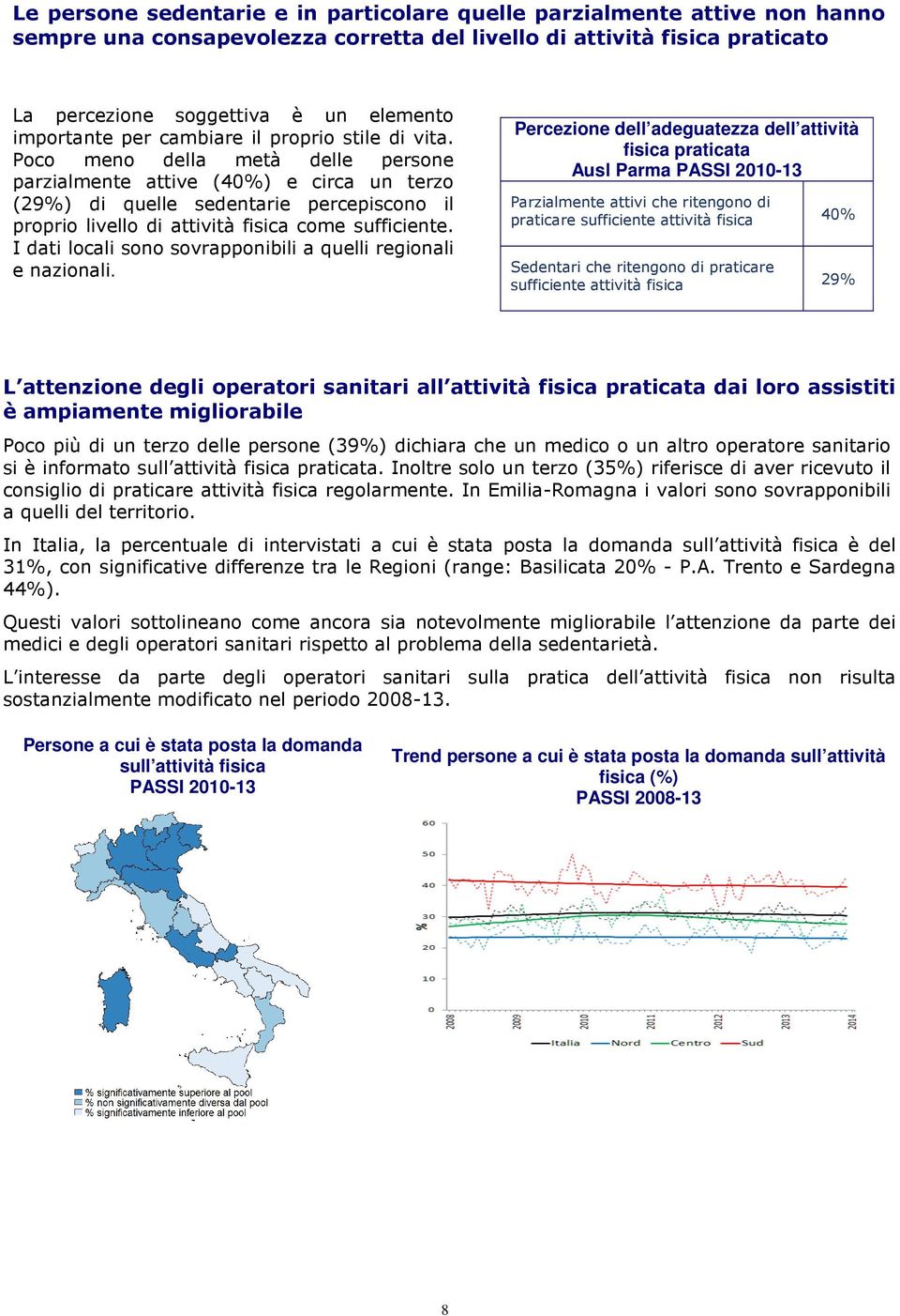 Poco meno della metà delle persone parzialmente attive (40%) e circa un terzo (29%) di quelle sedentarie percepiscono il proprio livello di attività fisica come sufficiente.