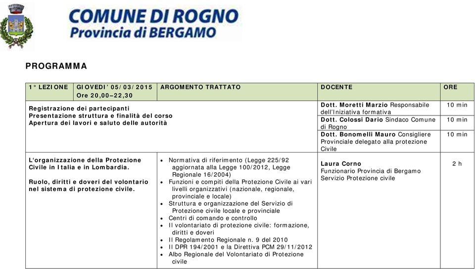 Normativa di riferimento (Legge 225/92 aggiornata alla Legge 100/2012, Legge Regionale 16/2004) Funzioni e compiti della Protezione Civile ai vari livelli organizzativi (nazionale, regionale,