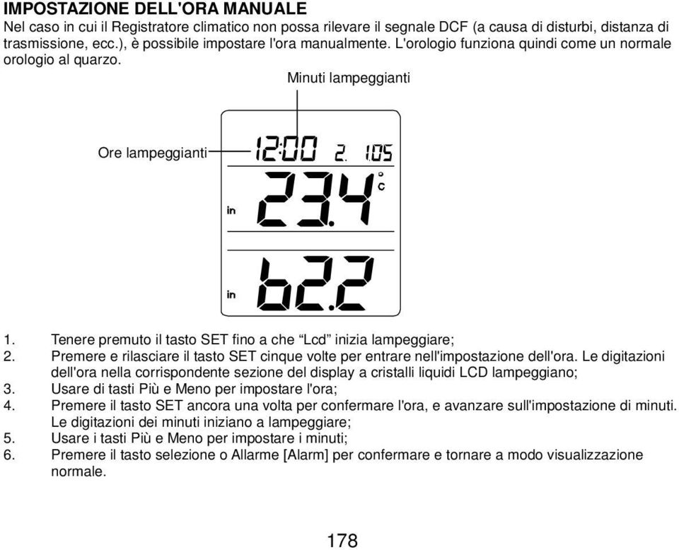 Tenere premuto il tasto SET fino a che Lcd inizia lampeggiare; 2. Premere e rilasciare il tasto SET cinque volte per entrare nell'impostazione dell'ora.