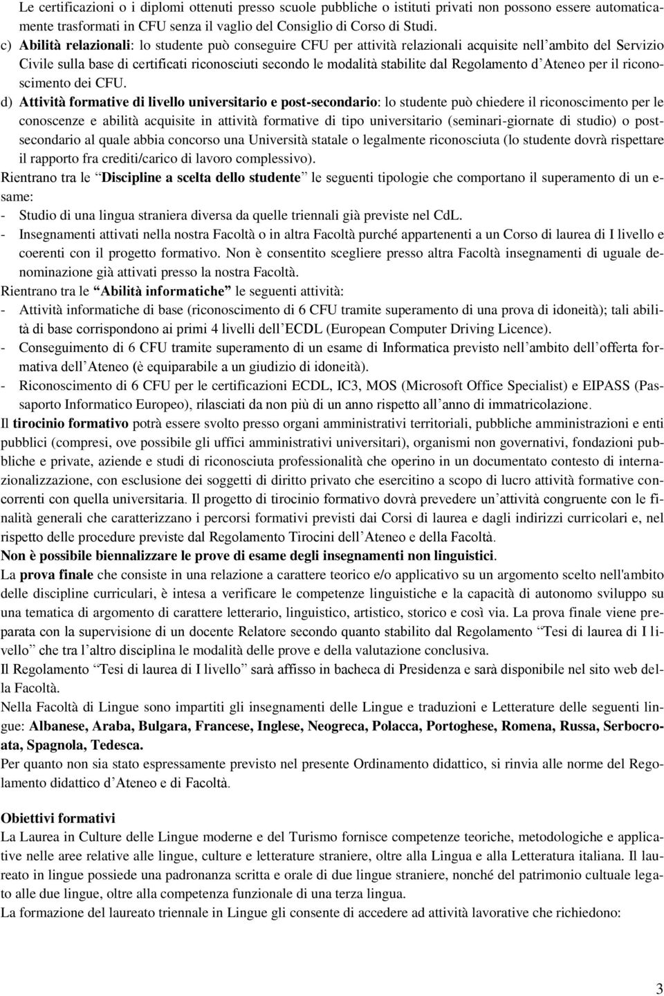 Regolamento d Ateneo per il riconoscimento dei CFU.