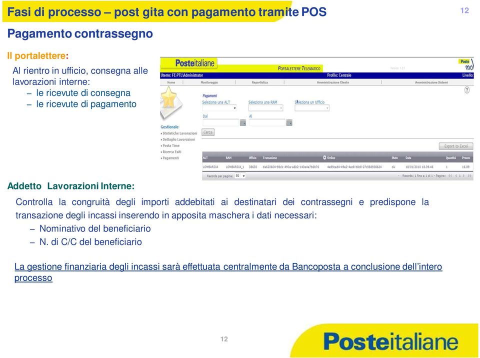 addebitati ai destinatari dei contrassegni e predispone la transazione degli incassi inserendo in apposita maschera i dati necessari: