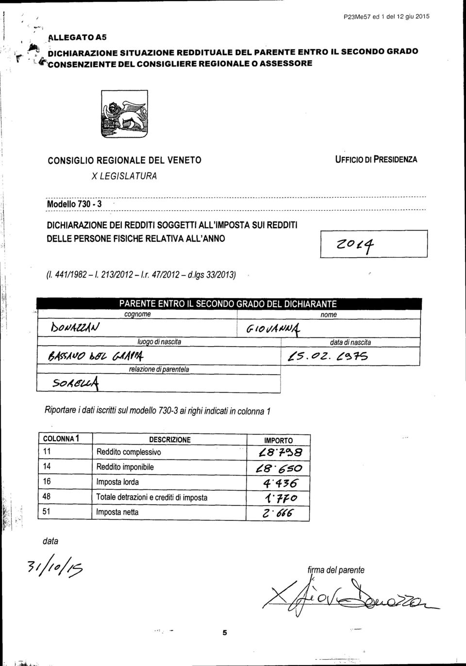 X LEGISLATURA UFFICIO DI PRESIDENZA Modello 0 - DICHIARAZIONE DEI REDDITI SOGGETTI ALL'IMPOSTA SUI REDDITI DELLE PERSONE FISICHE RELATIVA ALL'ANNO f (I. 1/198-1. 1/01 - l.r /01 - d.