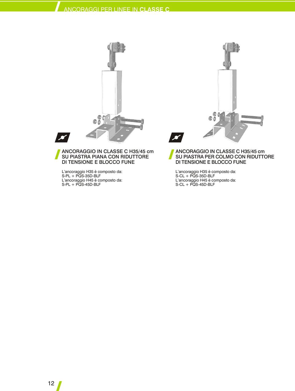 S-PL + PQS-45D-BLF ANCORAGGIO IN CLASSE C H35/45 cm SU PIASTRA PER COLMO CON RIDUTTORE DI TENSIONE E