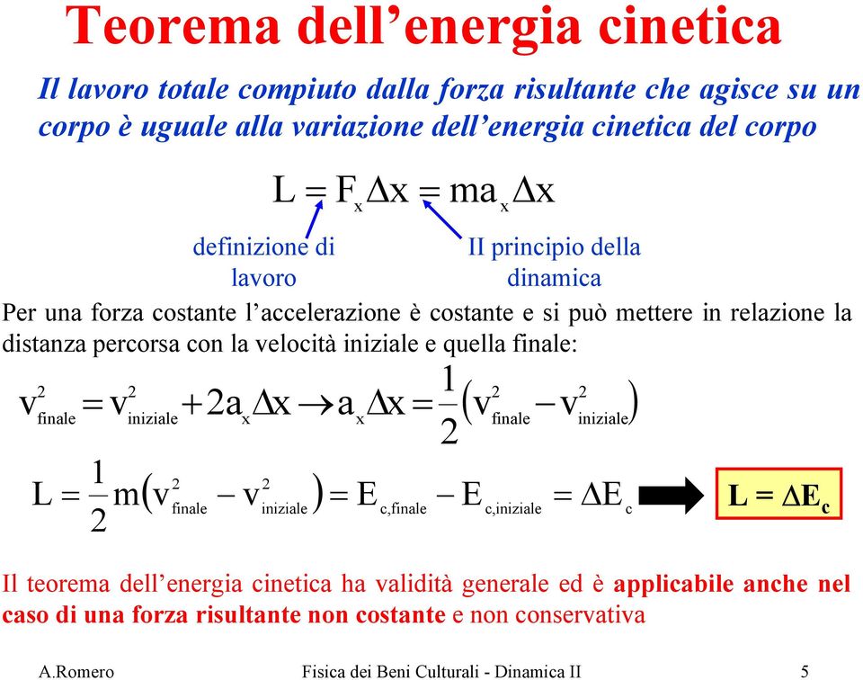 velocità iniziale e quella finale: v finale L v iniziale + a x x a x x Il teorema dell energia cinetica ha validità generale ed è applicabile anche nel caso di una