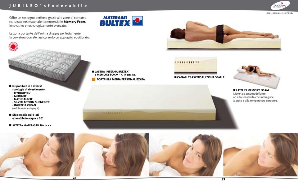 PORTANZA MEDIA PERSONALIZZATA CANALI TRASVERSALI ZONA SPALLE Disponibile in 5 diverse tipologie di rivestimento: - HYDROPHIL - MEDIBED - NATURALBED - SILVER ACTION SHENERGY - INGEO & CLEAN