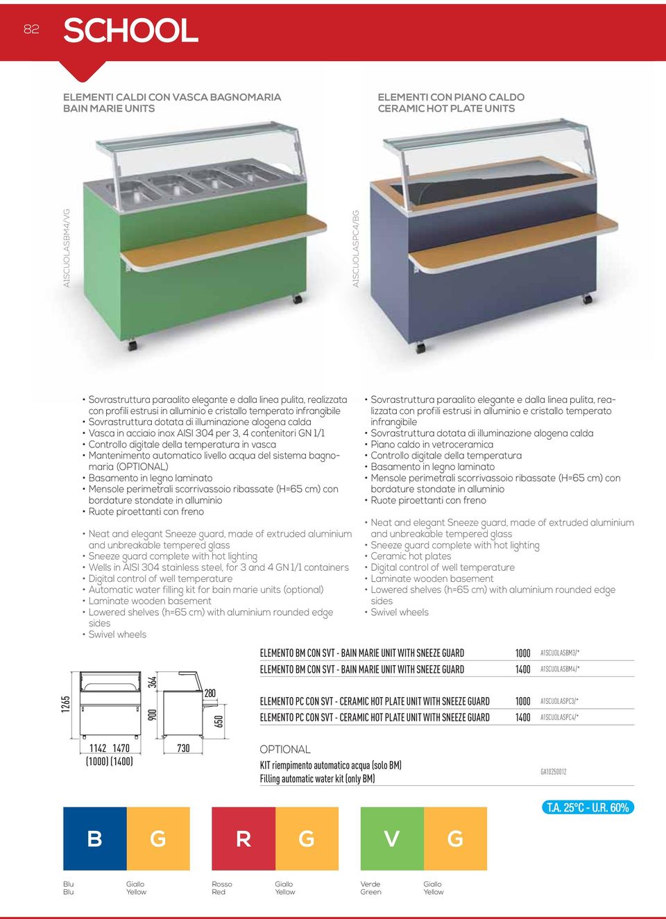 digitale della temperatura in vasca Mantenimento automatico livello acqua del sistema bagnomaria (OPTIONAL) Basamento in legno laminato Mensole perimetrali scorrivassoio ribassate (H=65 cm) con