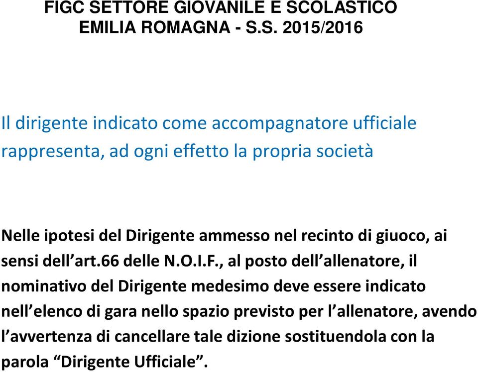 , al posto dell allenatore, il nominativo del Dirigente medesimo deve essere indicato nell elenco di gara