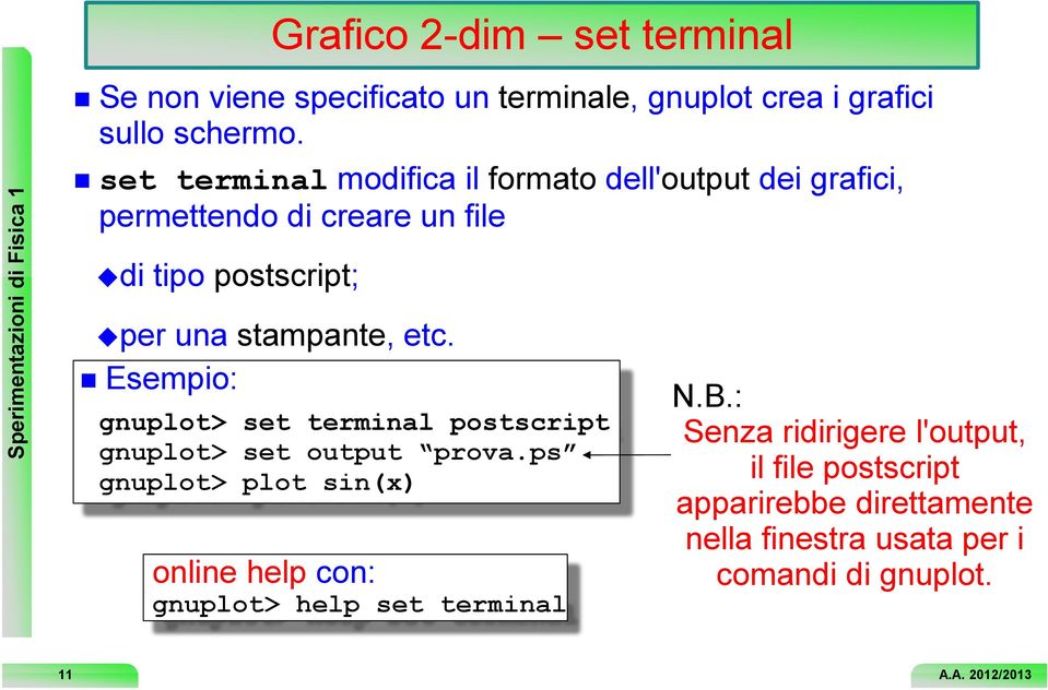 stampante, etc. Esempio: gnuplot> set terminal postscript gnuplot> set output prova.