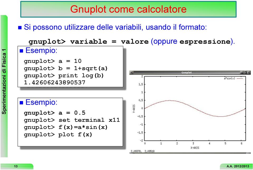 Esempio: gnuplot> a = 10 ( 1+sqrt(a gnuplot> b = ( log(b gnuplot> print 1.
