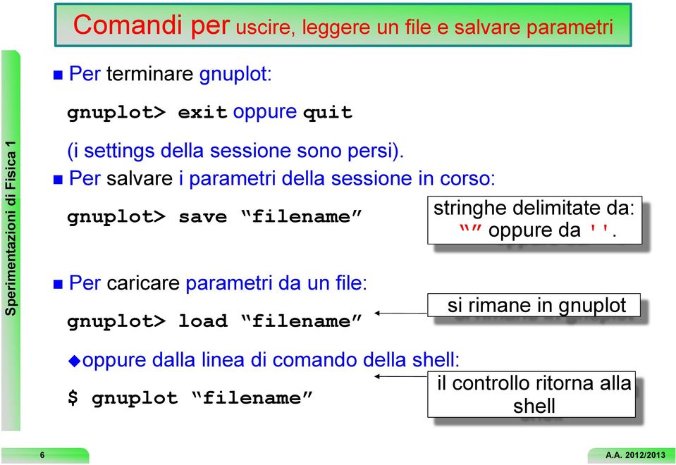 Per salvare i parametri della sessione in corso: gnuplot> save filename stringhe delimitate da: oppure da