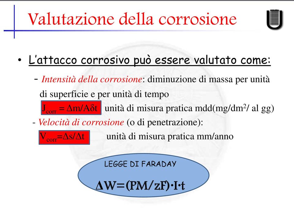 corr = Δm/Aδt unità di misura pratica mdd(mg/dm 2 / al gg) - Velocità di corrosione (o