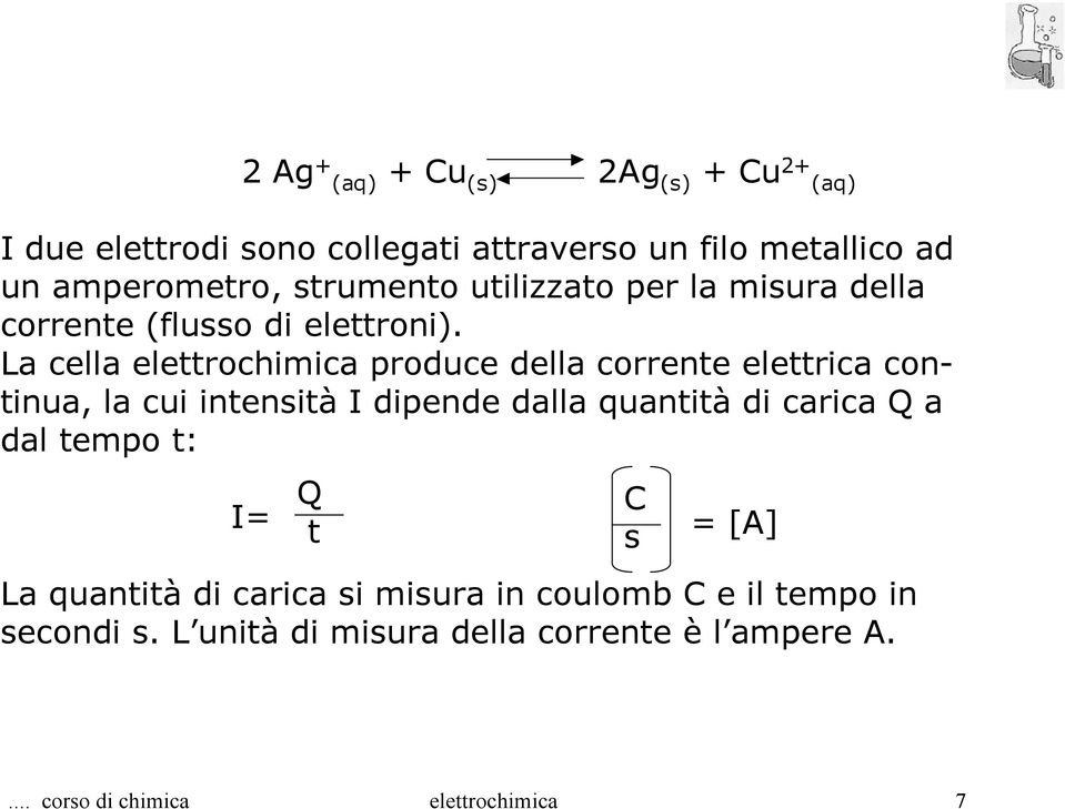 La cella elettrochimica produce della corrente elettrica continua, la cui intensità I dipende dalla quantità di carica Q a