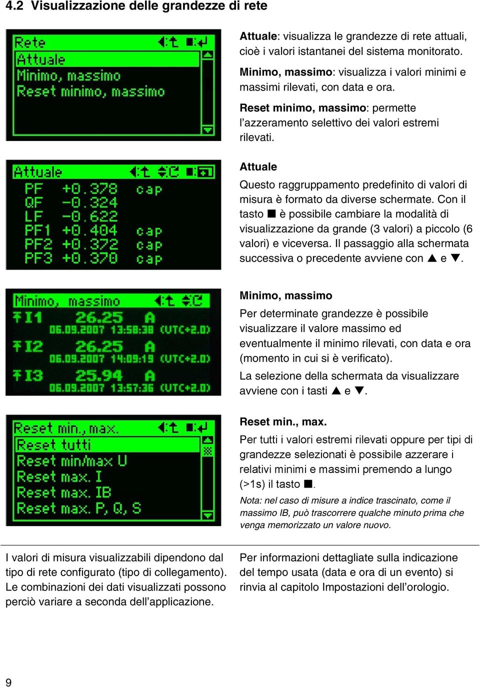 Attuale Questo raggruppamento predefinito di valori di misura è formato da diverse schermate.