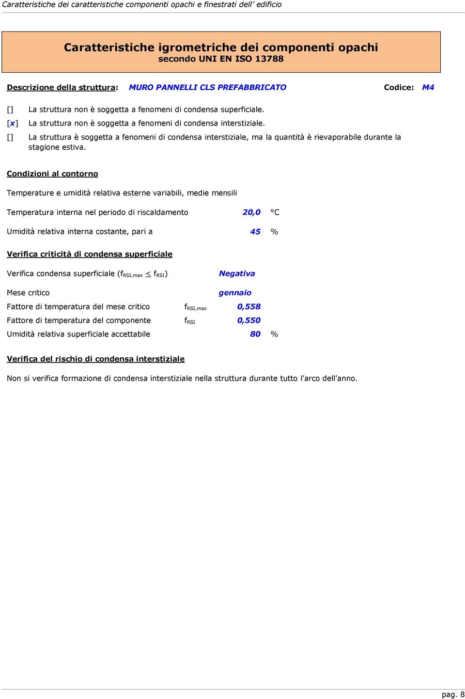 [] La struttura è soggetta a fenomeni di condensa interstiziale, ma la quantità è rievaporabile durante la stagione estiva.