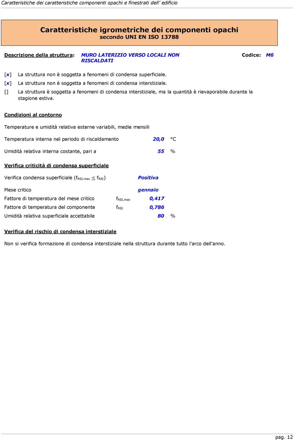 [] La struttura è soggetta a fenomeni di condensa interstiziale, ma la quantità è rievaporabile durante la stagione estiva.