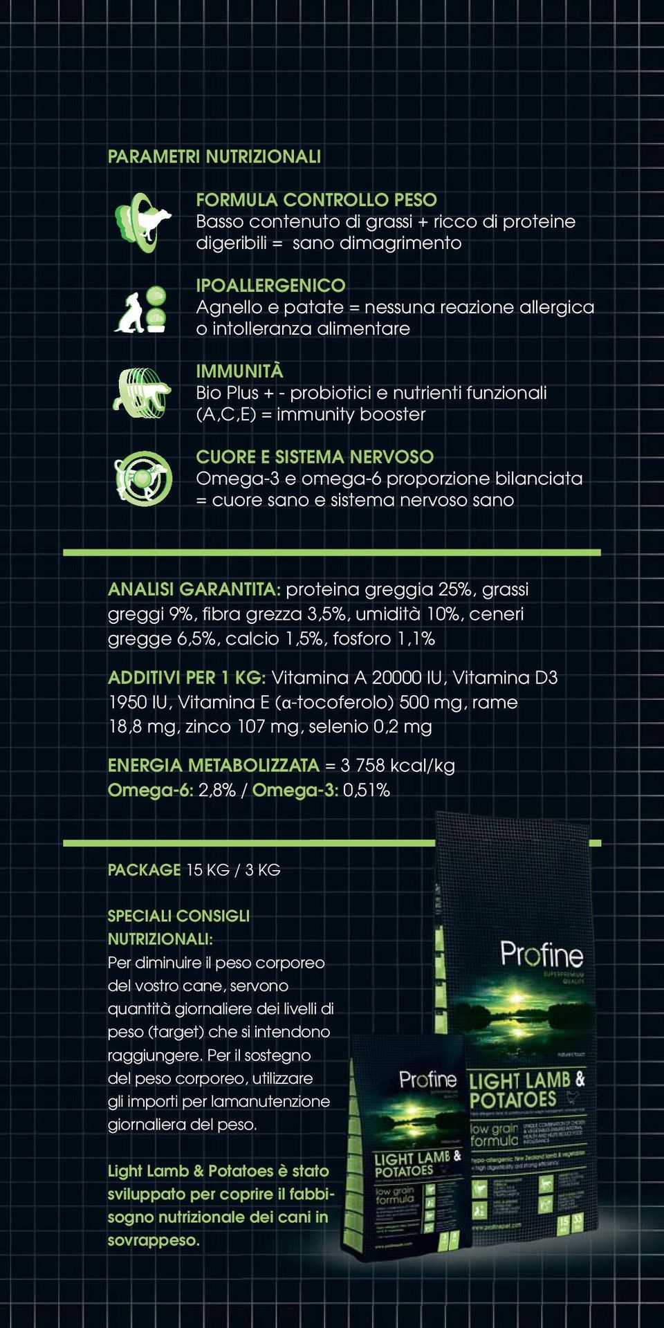 ANALISI GARANTITA: proteina greggia 25%, grassi greggi 9%, fi bra grezza 3,5%, umidità 10%, ceneri gregge 6,5%, calcio 1,5%, fosforo 1,1% ADDITIVI PER 1 KG: Vitamina A 20000 IU, Vitamina D3 1950 IU,