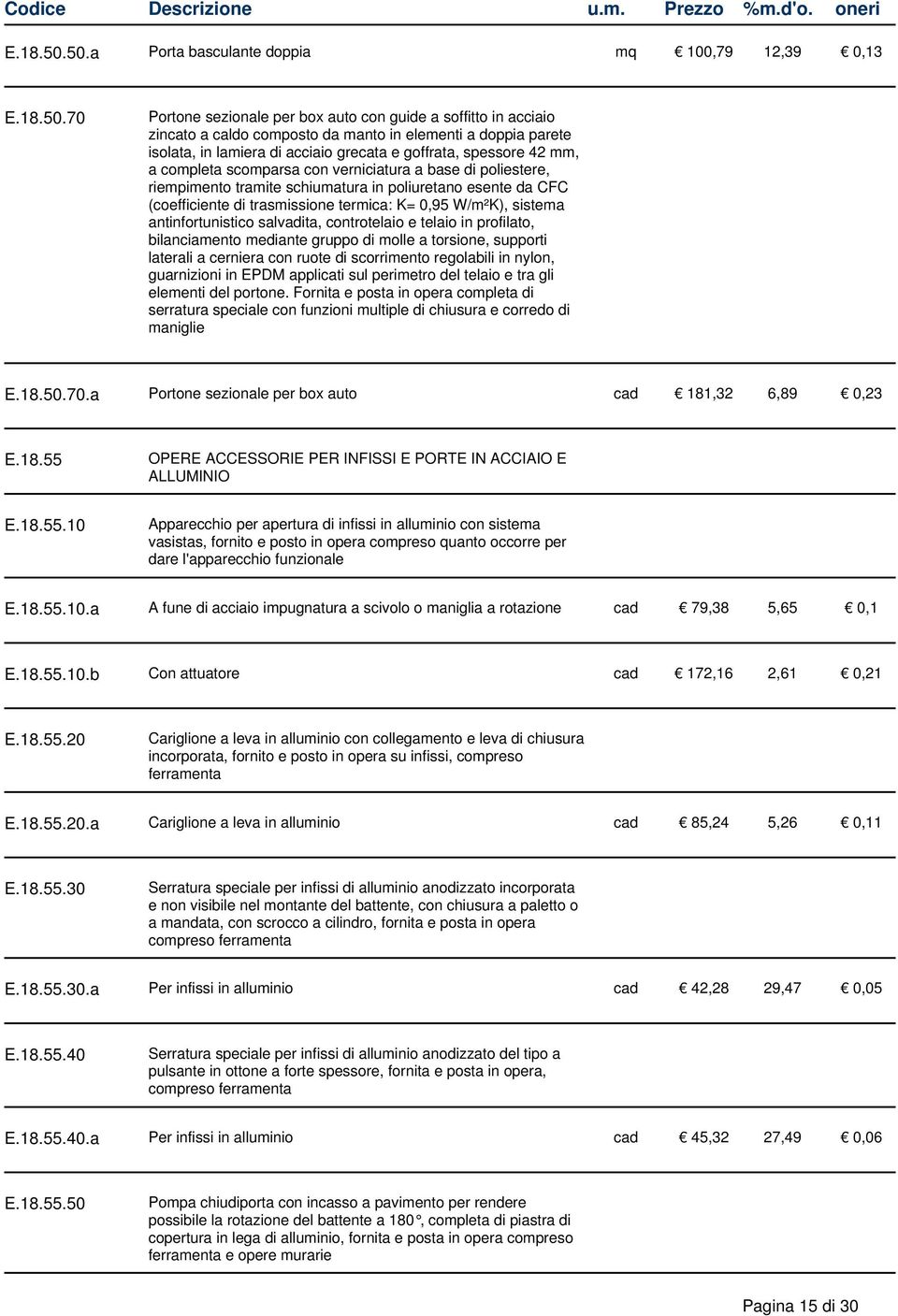 di acciaio grecata e goffrata, spessore 42 mm, a completa scomparsa con verniciatura a base di poliestere, riempimento tramite schiumatura in poliuretano esente da CFC (coefficiente di trasmissione