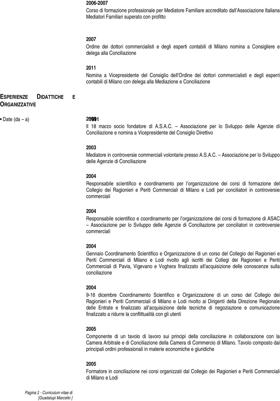 e Conciliazione ESPERIENZE DIDATTICHE E ORGANIZZATIVE Date (da a) 1991 Il 18 marzo socio fondatore di A.S.A.C. Associazione per lo Sviluppo delle Agenzie di Conciliazione e nomina a Vicepresidente del Consiglio Direttivo Mediatore in controversie commerciali volontarie presso A.