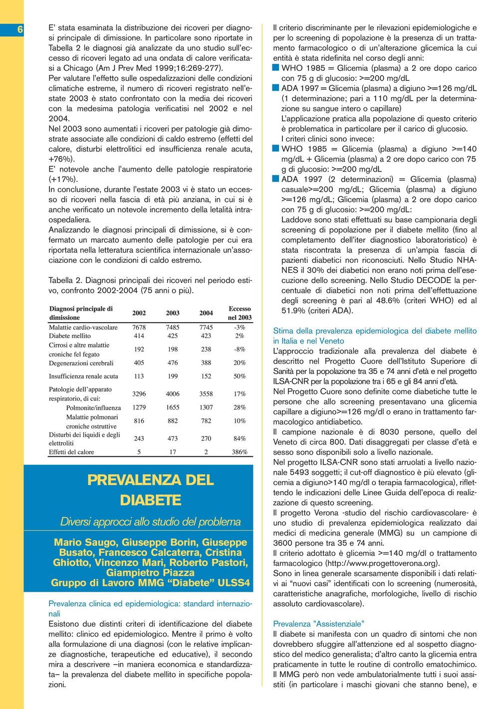 Per valutare l effetto sulle ospedalizzazioni delle condizioni climatiche estreme, il numero di ricoveri registrato nell estate 2003 è stato confrontato con la media dei ricoveri con la medesima