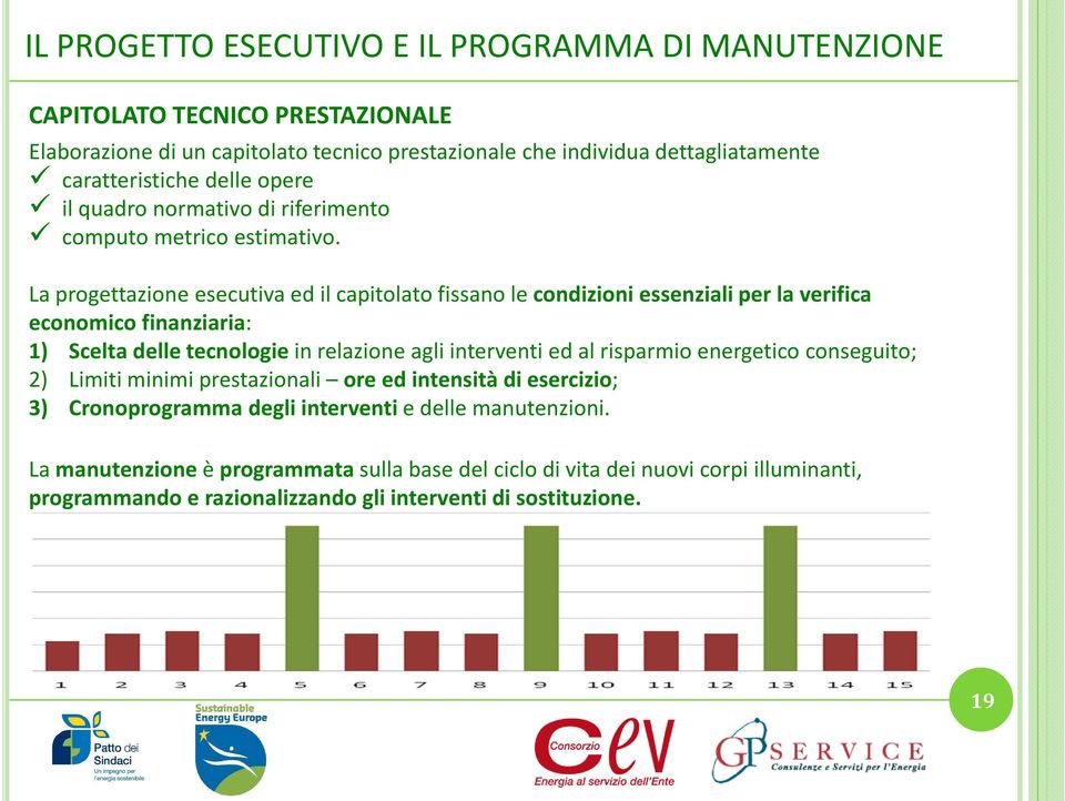 La progettazione esecutiva ed il capitolato fissano le condizioni essenziali per la verifica economico finanziaria: 1) Scelta delle tecnologie in relazione agli interventi ed al