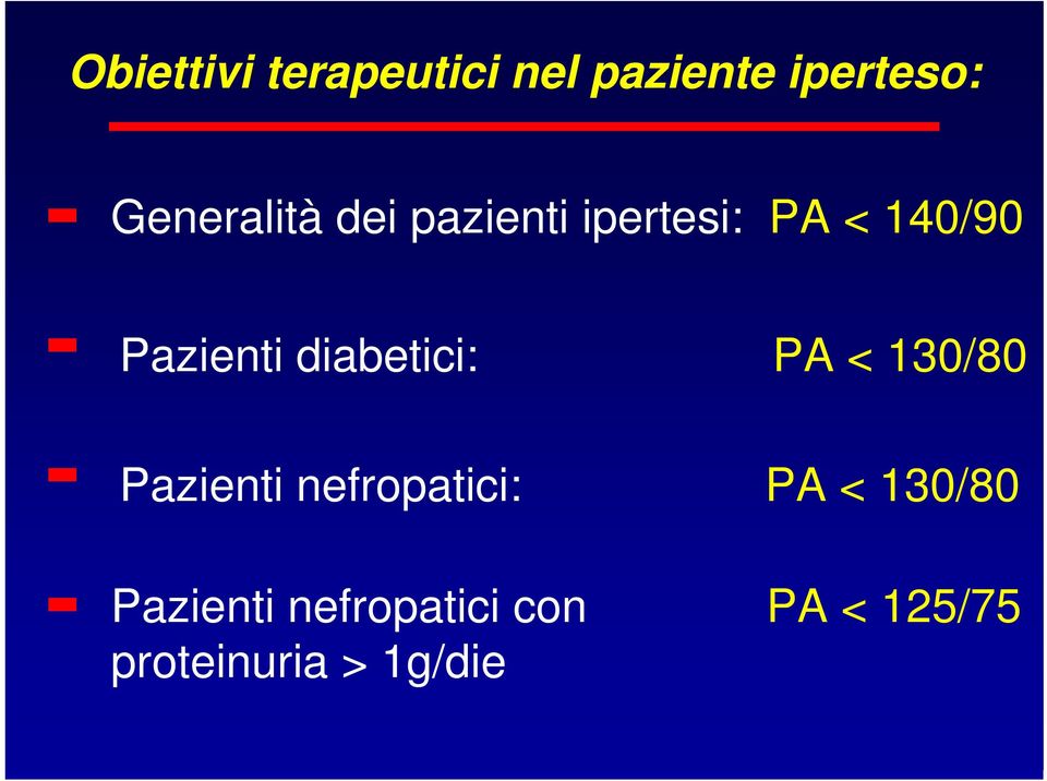 Pazienti diabetici: PA < 130/80 Pazienti nefropatici: