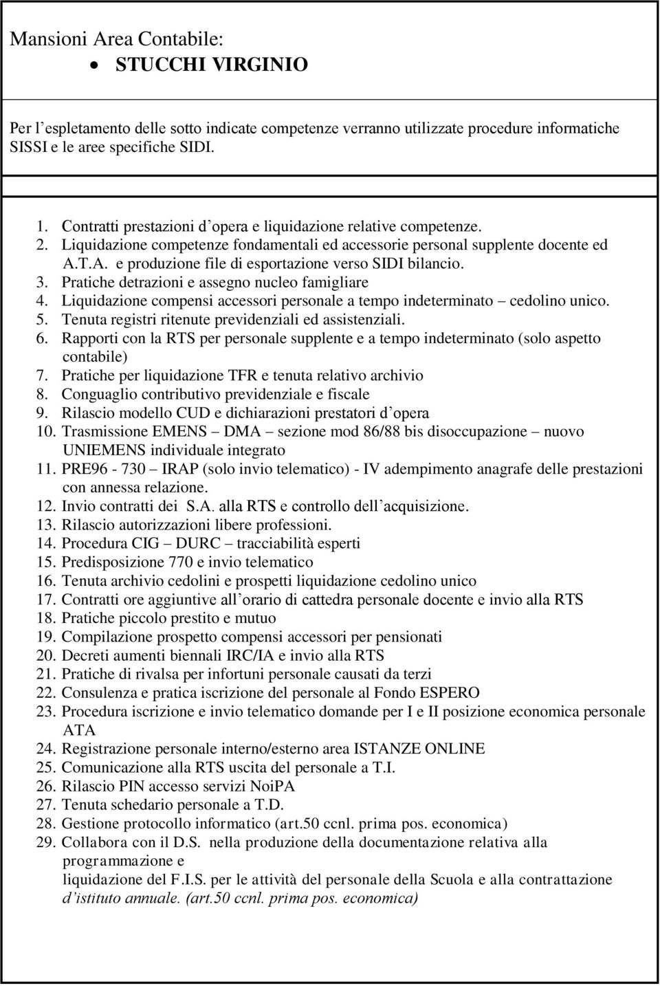 Rapporti con la RTS per personale supplente e a tempo indeterminato (solo aspetto contabile) 7. Pratiche per liquidazione TFR e tenuta relativo archivio 8.