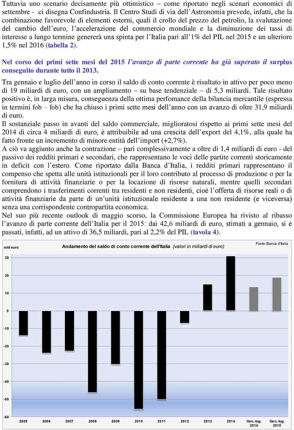 accelerazione del commercio mondiale e la diminuzione dei tassi di interesse a lungo termine genererà una spinta per l Italia pari all 1% del PIL nel 2015 e un ulteriore 1,5% nel 2016 (tabella 2).