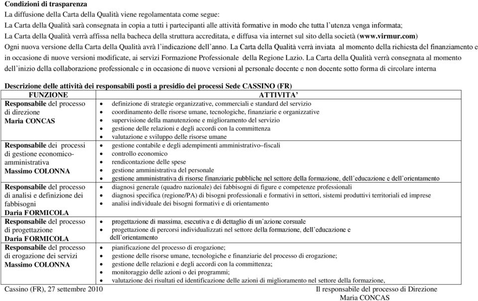 com) Ogni nuova versione della Carta della Qualità avrà l indicazione dell anno.