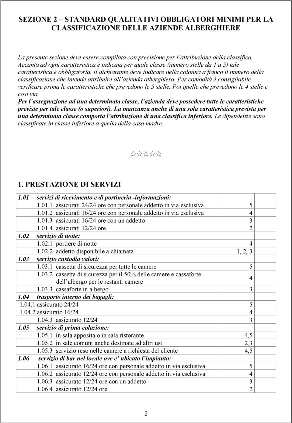 Il dichiarante deve indicare nella colonna a fianco il numero della classificazione che intende attribuire all azienda alberghiera.