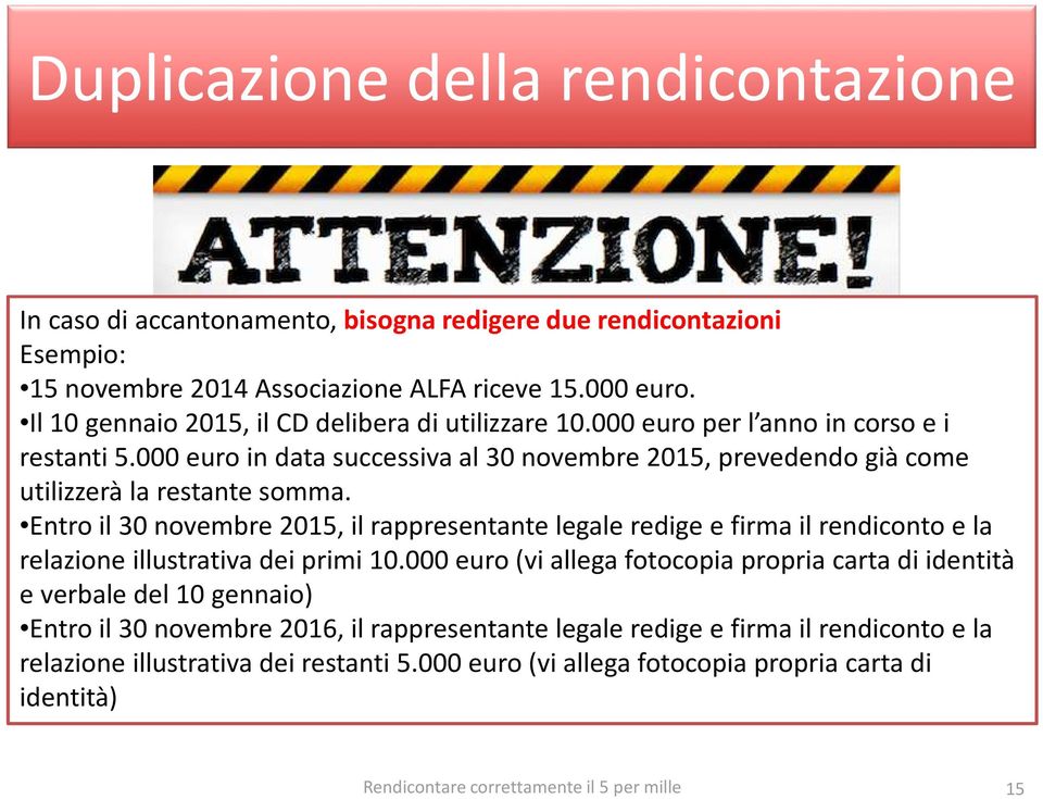 Entro il 30 novembre 2015, il rappresentante legale redige e firma il rendiconto e la relazione illustrativa dei primi 10.