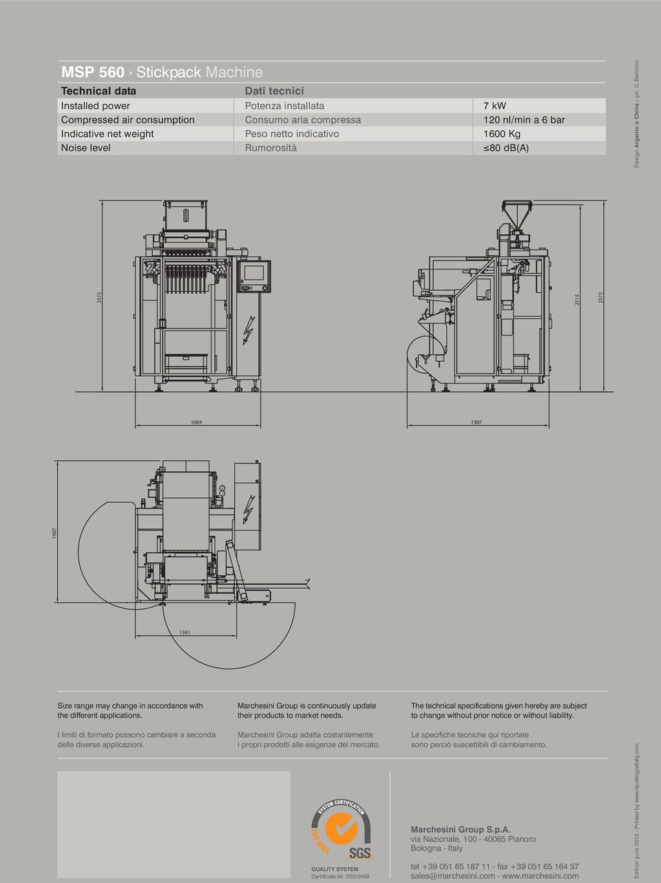 Marchesini Group is continuously update their products to market needs. The technical specifications given hereby are subject to change without prior notice or without liability.