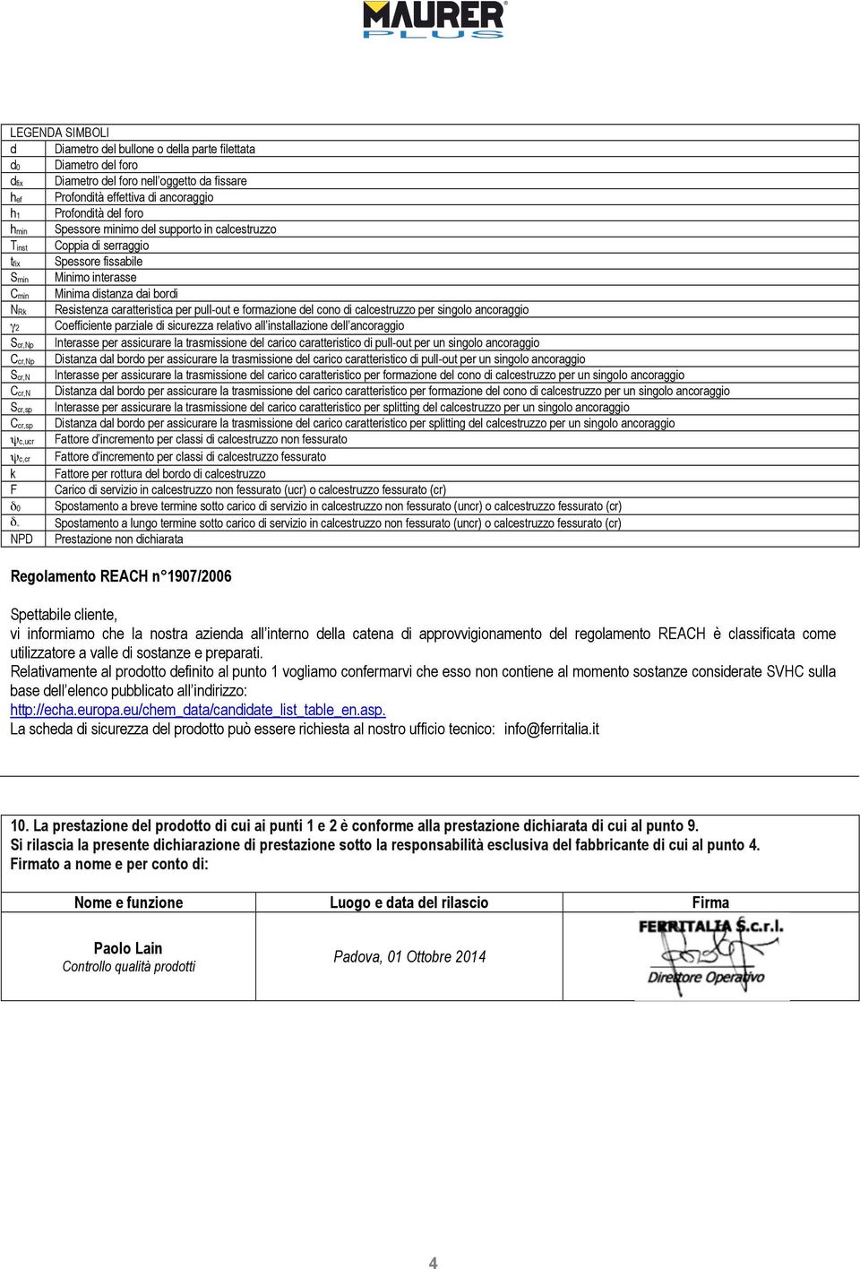 formazione del cono di calcestruzzo per singolo ancoraggio γ2 Coefficiente parziale di sicurezza relativo all installazione dell ancoraggio Scr,Np Interasse per assicurare la trasmissione del carico