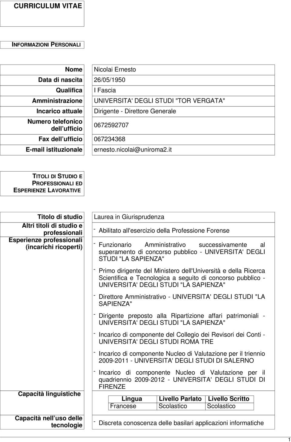 it TITOLI DI STUDIO E PROFESSIONALI ED ESPERIENZE LAVORATIVE Titolo di studio Altri titoli di studio e professionali Esperienze professionali (incarichi ricoperti) Capacità linguistiche Capacità nell