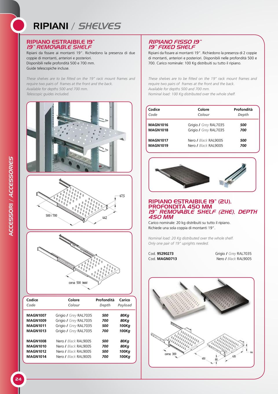 Available for depths 500 and 700 mm. Telescopic guides included. RIPIANO FISSO 19 19 FIXED SHELF Ripiani da fissare ai montanti 19.