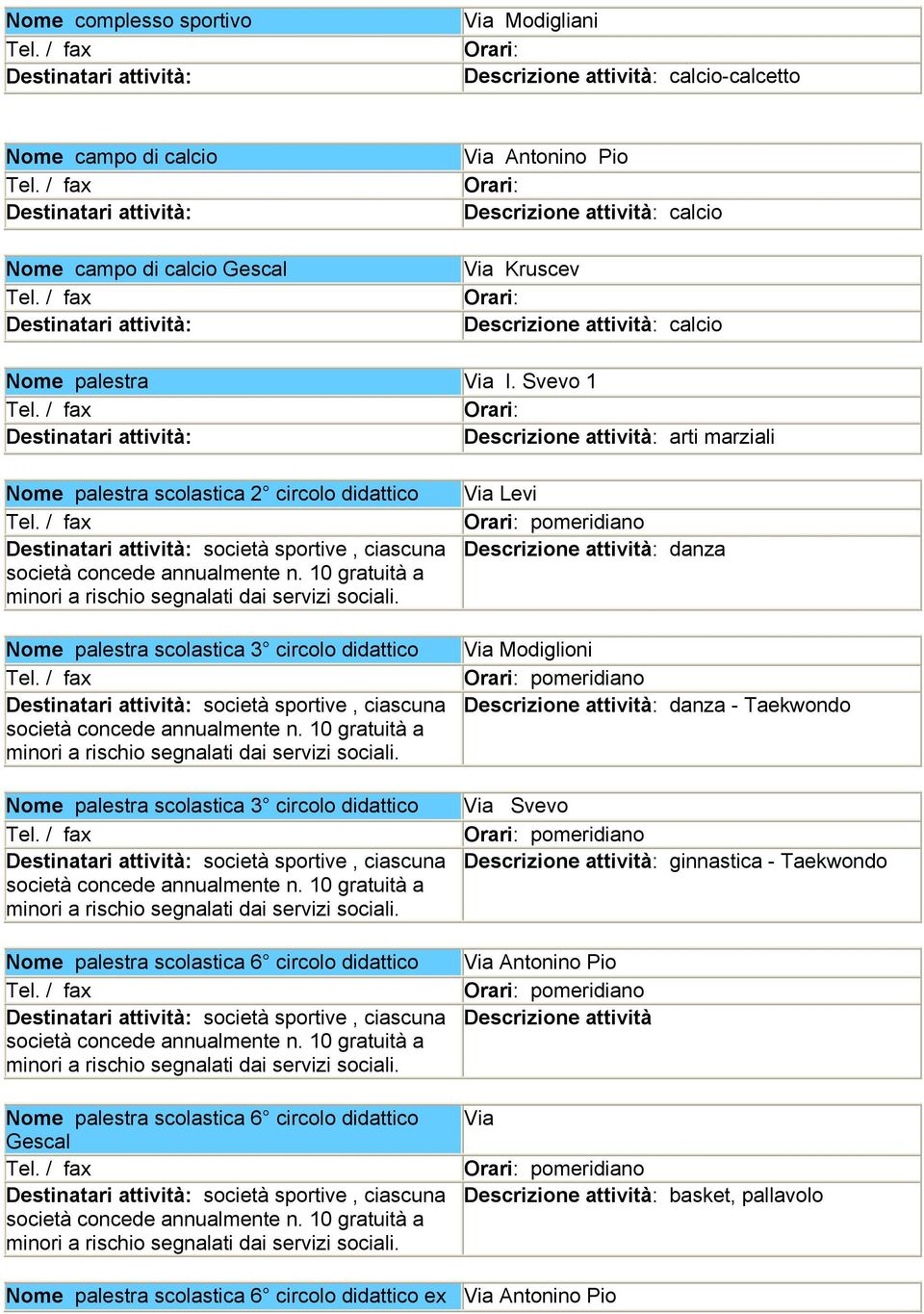 Nome palestra scolastica 6 circolo didattico Nome palestra scolastica 6 circolo didattico Gescal Via Levi Descrizione attività: danza Via Modiglioni Descrizione attività: danza -