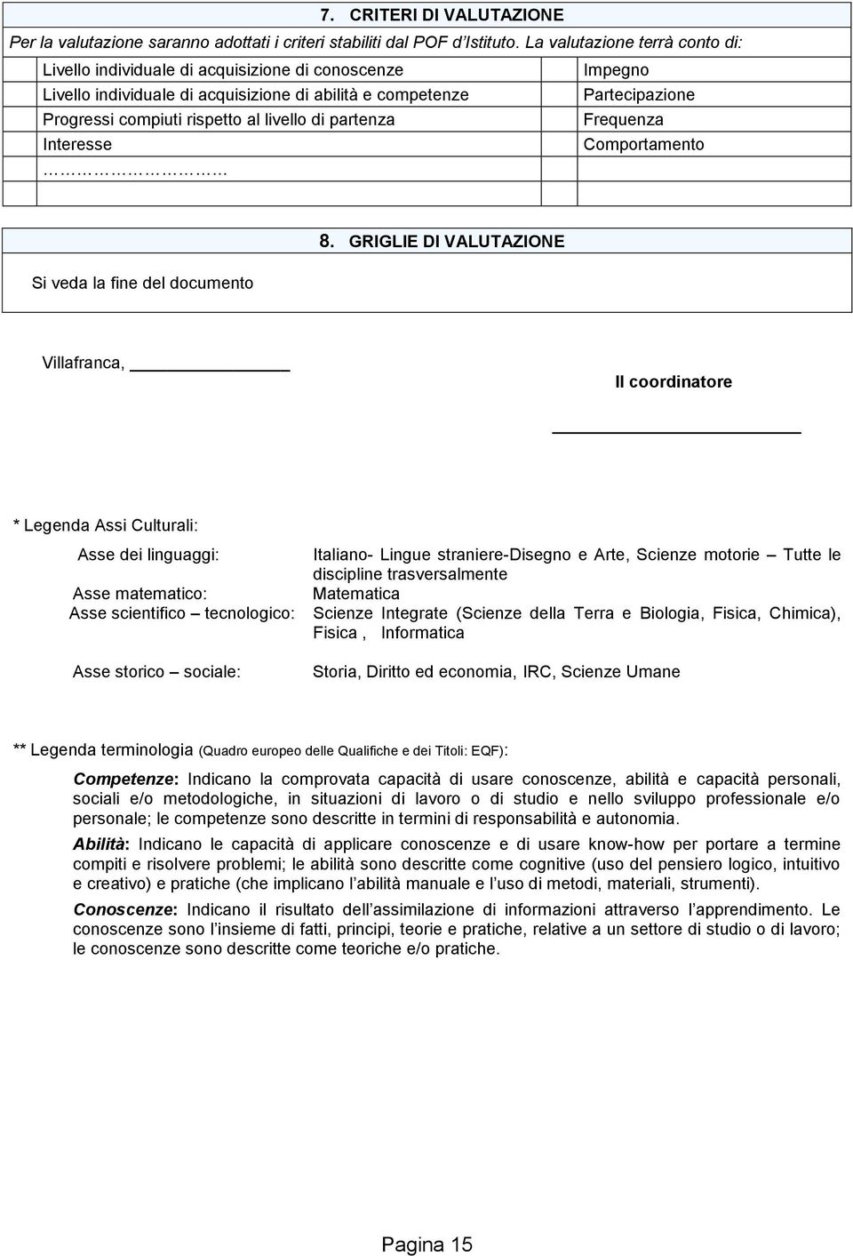 livello di partenza Frequenza Interesse Comportamento Si veda la fine del documento 8.