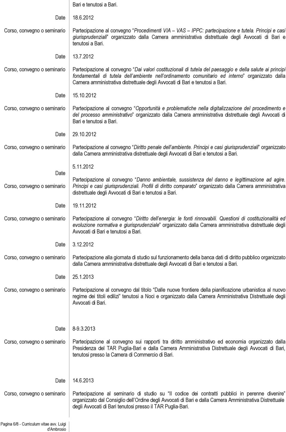 2012 Partecipazione al convegno Dai valori costituzionali di tutela del paesaggio e della salute ai principi fondamentali di tutela dell ambiente nell ordinamento comunitario ed interno organizzato