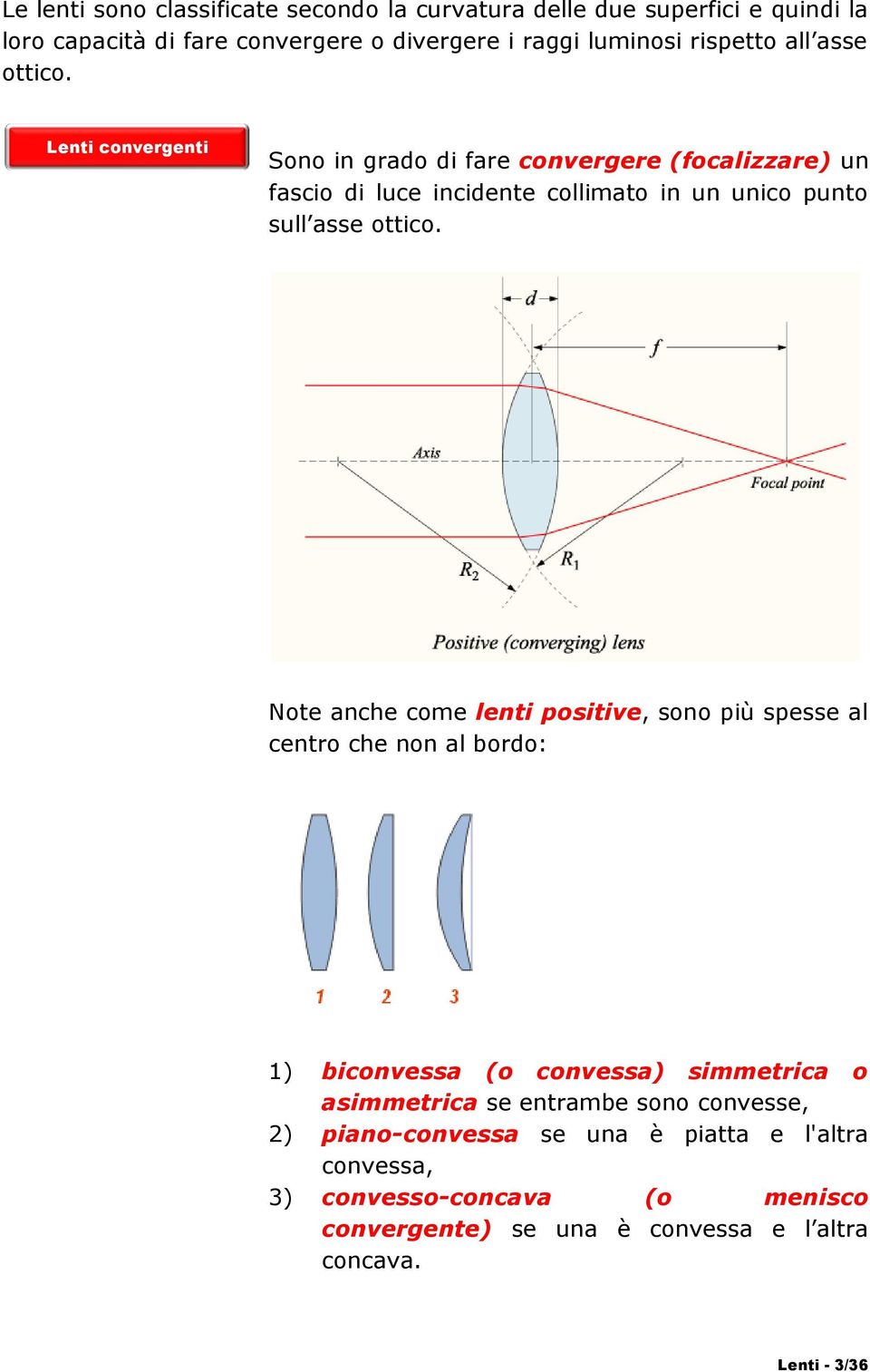 Lenti convergenti Sono in grado di fare convergere (focalizzare) un fascio di luce incidente collimato in un unico punto sull asse ottico.