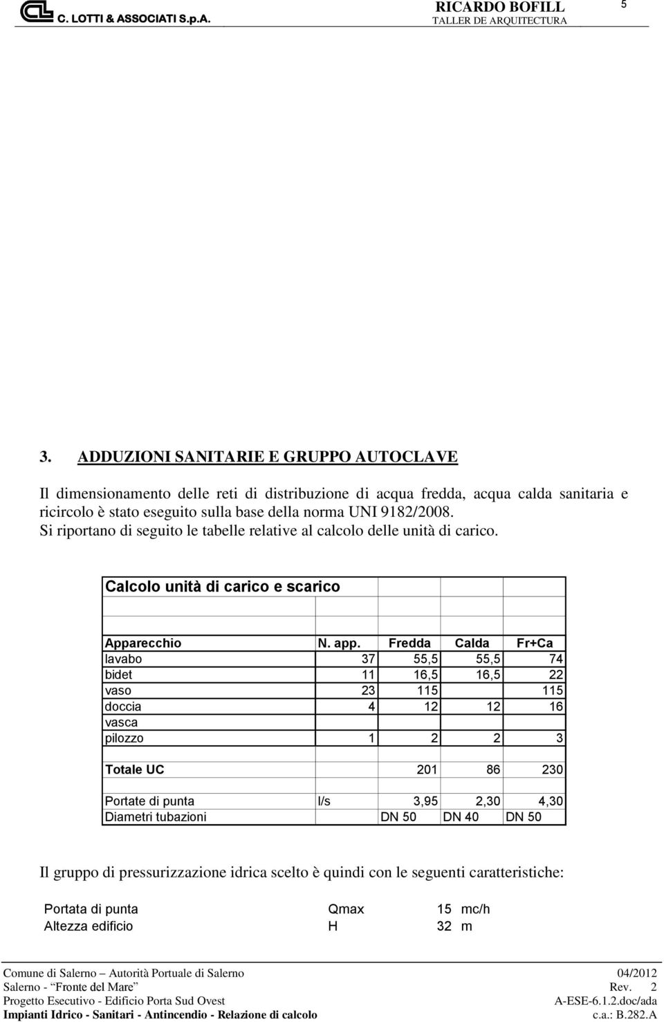 Fredda Calda Fr+Ca lavabo 37 55,5 55,5 74 bidet 11 16,5 16,5 22 vaso 23 115 115 doccia 4 12 12 16 vasca pilozzo 1 2 2 3 Totale UC 201 86 230 Portate di punta l/s 3,95