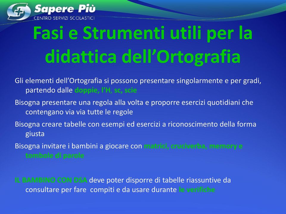 Bisogna creare tabelle con esempi ed esercizi a riconoscimento della forma giusta Bisogna invitare i bambini a giocare con matrici, cruciverba,