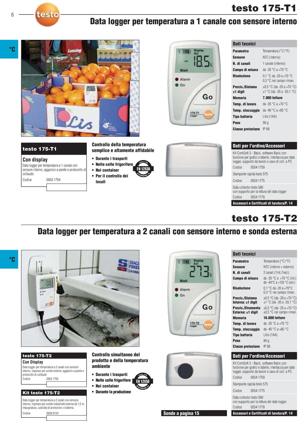 800 letture da -35 a +70 da -40 a +85 Litio (1AA) 90 g IP 68 testo 175-T1 Con display Data logger per temperatura a 1 canale con sensore interno, aggancio a parete e protocollo di collaudo Codice