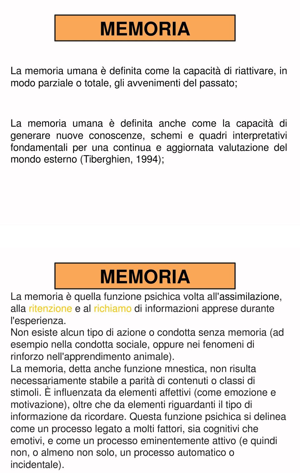 all'assimilazione, alla ritenzione e al richiamo di informazioni apprese durante l'esperienza.