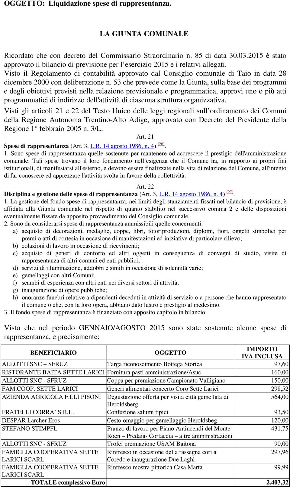 Visto il Regolamento di contabilità approvato dal Consiglio comunale di Taio in data 28 dicembre 2000 con deliberazione n.