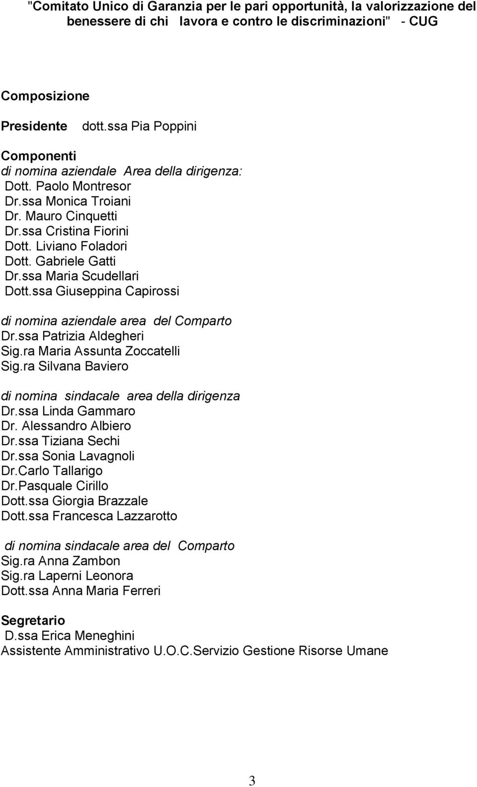 Gabriele Gatti Dr.ssa Maria Scudellari Dott.ssa Giuseppina Capirossi di nomina aziendale area del Comparto Dr.ssa Patrizia Aldegheri Sig.ra Maria Assunta Zoccatelli Sig.