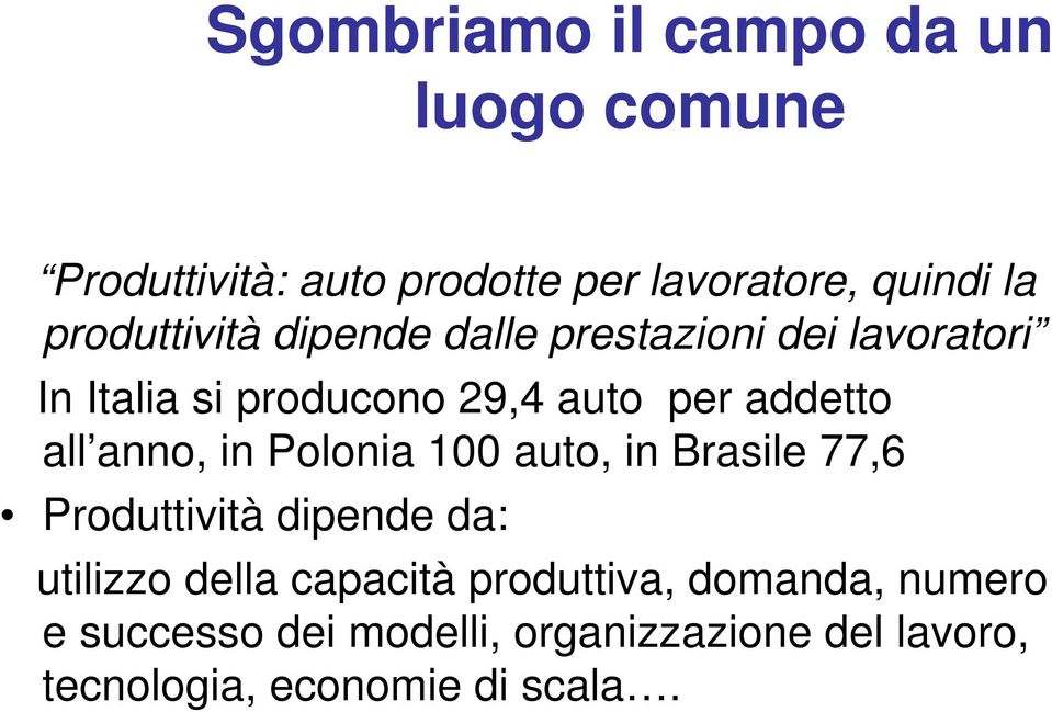 all anno, in Polonia 100 auto, in Brasile 77,6 Produttività dipende da: utilizzo della capacità