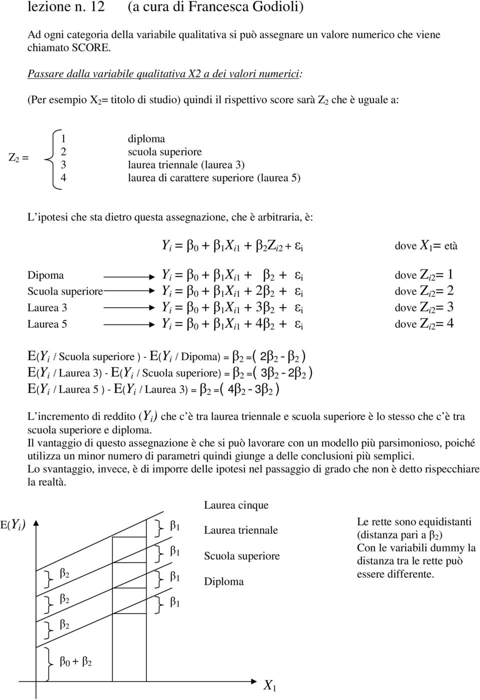 triennale (laurea 3) 4 laurea di carattere superiore (laurea 5) L ipotesi che sta dietro questa assegnazione, che è arbitraria, è: Y i = β 0 + X i1 + Z i2 + ε i dove X 1 = età Dipoma Y i = β 0 + X i1