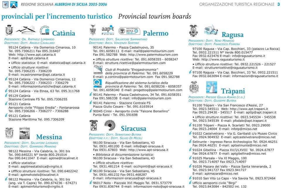 catania.it Ufficio strutture ricettive: Tel. 095.7306235-7306239 E-mail: incastronemar@apt.catania.it 95124 Catània - Via Domenico Cimarosa, 12 Tel. 095.7306222-7306233 - 7306279 E-mail: informazionituristiche@apt.